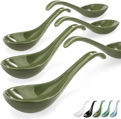 Artena 6.75 inch Solid Asian Soup Spoon Set of 6, Ultra-fine Porcelain Japanese Ramen Spoons for Pho, Miso, Dumpling