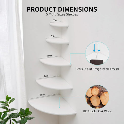 9inch Gieanoo White Corner Wall Shelf Solid Oak Wood Floating Corner Shelf with Wire Hole Corner Wall Storage Display