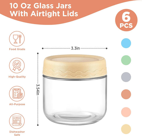 DRKIO 10 Oz Overnight Oats Containers with Lids, 6 Pack Glass Storage Jars for Meal Prep, Snacks, Yogurt