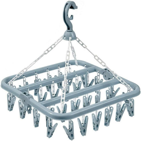 Clothes Drying Hanger with 32 Clips, Drip Foldable Hanging Rack (Light Blue)