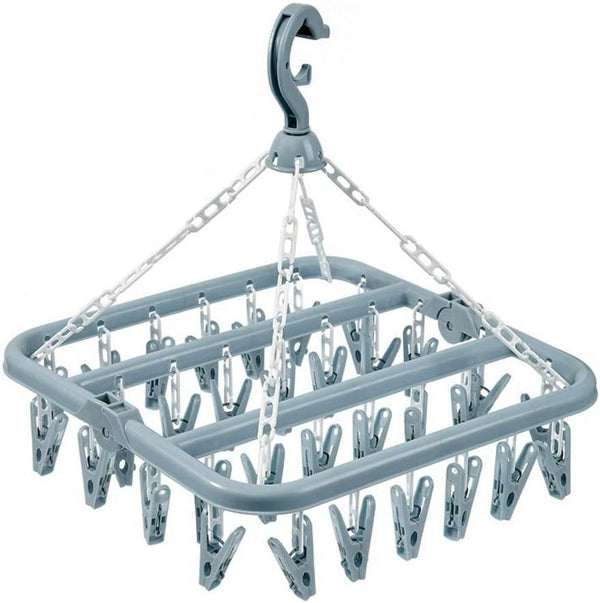 Clothes Drying Hanger with 32 Clips, Drip Foldable Hanging Rack (Light Blue)