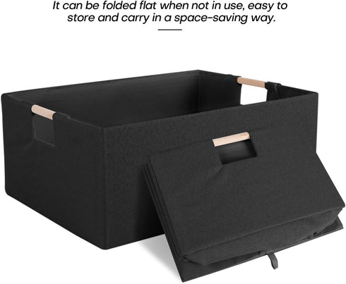 Foldable Cotton Linen Fabric Storage Bin Box with Wooden Handles, Decorative Home Laundry Organizer for Clothes, Blanket