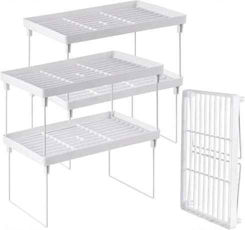 NiHome 4-Pack Stackable Plastic Kitchen Storage Shelf, Foldable Rack for Counter Cabinet Pantry, White