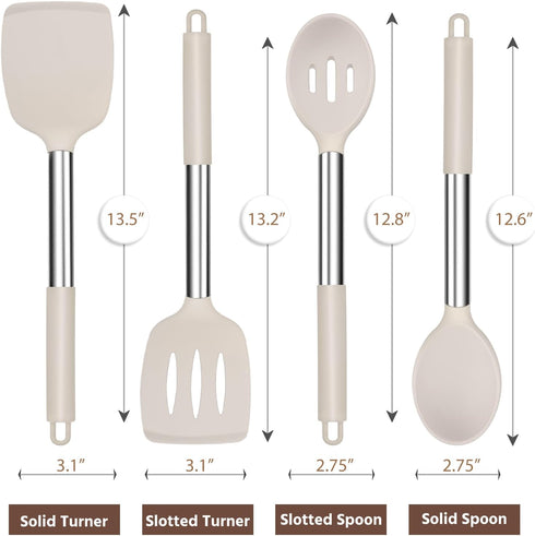 E-far Cooking Utensils Set of 4, Silicone Kitchen Utensils for Non-stick Cookware, Heat Resistant & Non-toxic Slotted Spatula Solid Spoon Turner for Flipping Mixing Serving Basting(Khaki) by E-far