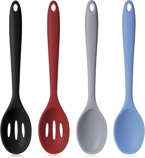 Boao 4 Pcs Silicone Cooking Spoons Set, Nonstick Mixing Spoons, Slotted Spoons, Large Heat Resistant Spoons for Kitchen