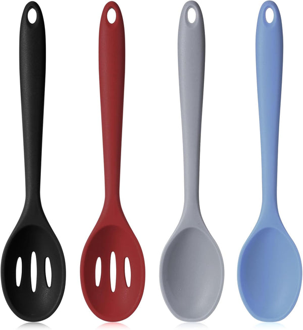Boao 4 Pcs Silicone Cooking Spoons Set, Nonstick Mixing Spoons, Slotted Spoons, Large Heat Resistant Spoons for Kitchen