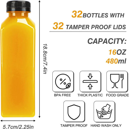 32pcs 16oz TOMNK Plastic Juice Bottles with Lids, Juice Containers with Caps and Labels, Funnel, Brush, Beverage