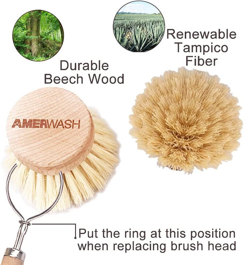 3 Packs, AMERWASH PLUS Classic Dish Brush Replacement Head Natural Bristle Tampico Fiber for All Purpose Cleaning