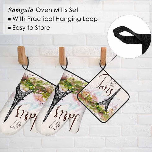 Paris Oven Mitts and Pot Holders Set, Eiffel Tower Pink Romantic City Heat Resistant 3pcs for Cooking