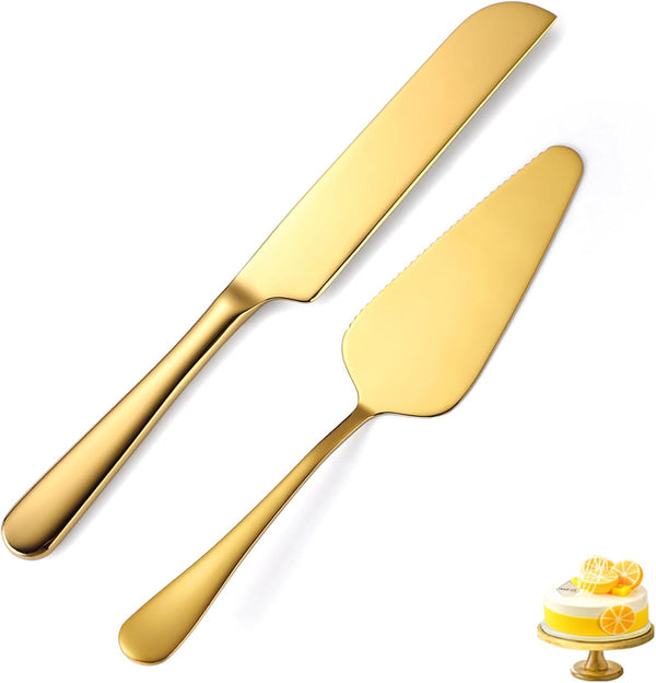 Wedding Cake Knife and Server Set, 2 Pcs Gold Stainless Steel Cake Cutter and Server, Perfect for Events, Dishwasher