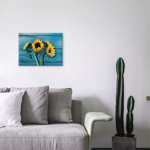 Rustic Bathroom Decor, Sunflower Themed Farmhouse Wall Art, Teal Canvas Framed Artwork for Modern Home 12x16