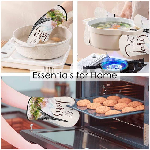 Paris Oven Mitts and Pot Holders Set, Eiffel Tower Pink Romantic City Heat Resistant 3pcs for Cooking