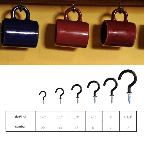KUUQA Black Vinyl Coated Cup Hook Kit, 70 Pieces, 6 Sizes for Ceiling Screw Mug Hooks