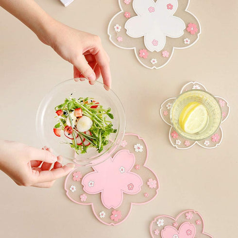 Sakura Coffee Cup Mat Kawaii Coaster - 2PCS Cute Cherry Blossom PVC Anti-Skid Pad for Desk