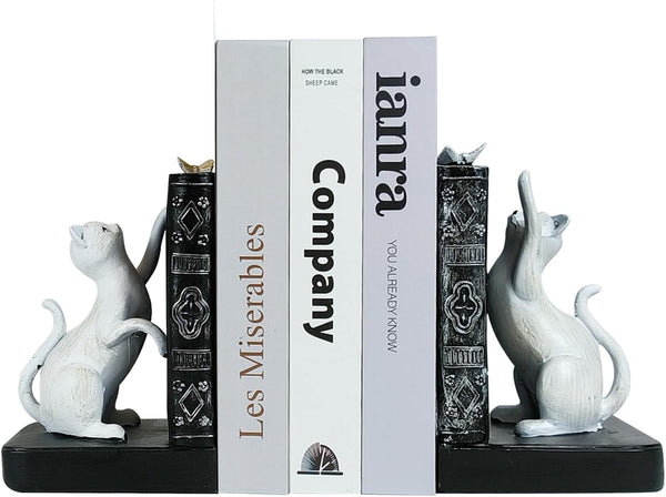 LIFFY Decorative Bookends, Heavy Duty Resin Cat Bookends, Non-Skid Bookshelf Stopper, Cute