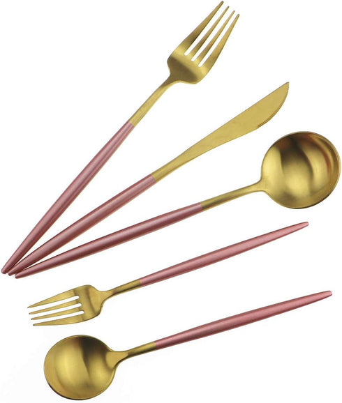 Gugrida Pink Gold Flatware Set, 5 Piece Matte Pink Handle 18/10 Stainless Steel Tableware for 1, Camping Utensils