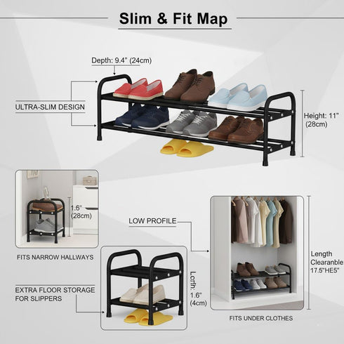 2-Tier 17.3"-31.5" 9.4" 4cm Closet Expandable Shoe Rack, Adjustable Length Metal Shoe Organizer, Slim Wide Heavy Duty
