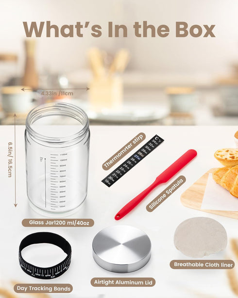 PITCH + PULSE 40Oz Sourdough Starter Jar Kit, Sourdough Bread Baking Container with Date Marked Feeding Band