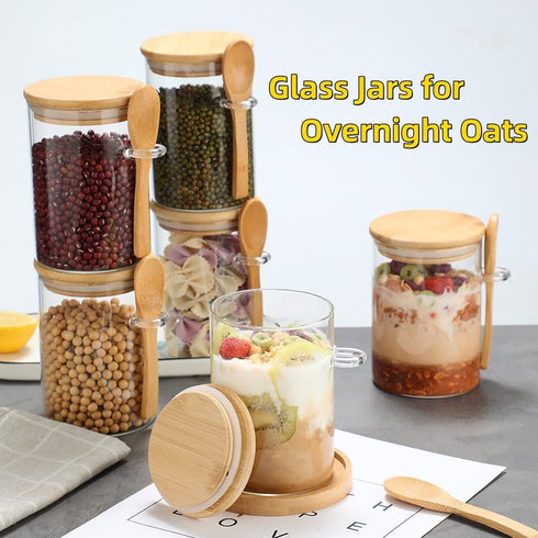 Recceng 6 Pack 17 OZ Set Glass Jars with Bamboo Lids and Spoons for Loose Leaf Tea Storage, Overnight Oat Container