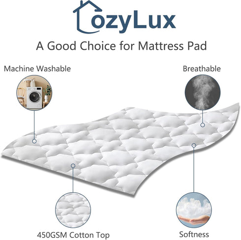 CozyLux Queen Mattress Pad - Cotton Deep Pocket Non Slip Breathable Soft Quilted Fitted Mattress Topper, Up to 18"