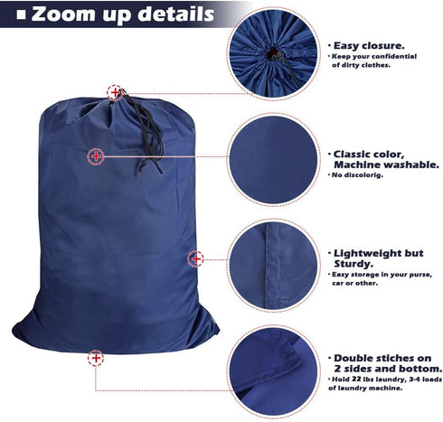 Washable Travel Laundry Bag with Drawstring (3 Pack), Large Dirty Clothes Bag Fit for Laundry Basket, Navy Blue
