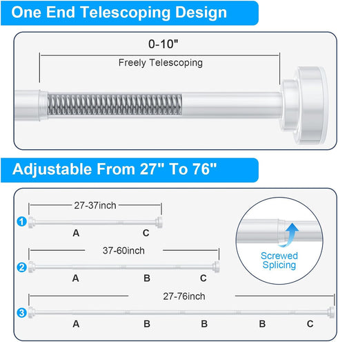 TEECK Adjustable Spring Tension Shower Curtain Rod, 27-76 inch, Never Rust Anti-Slip for Bathroom, Easy to Use, White