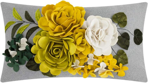JWH Decorative 3D Flower Throw Pillow Cover, Handmade Floral Accent Pillowcase, 12x20 Inches, Gray Yellow for Sofa