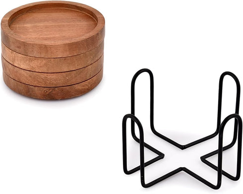 Acacia Wood Round Coasters Set of 4 with Iron Holder - Tabletop Protection for Drinks in Home, Bar, Kitchen