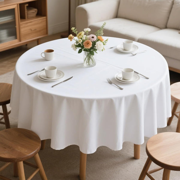 MRJ 70 Inch Round White Tablecloth Stain and Wrinkle Resistant Washable Polyester