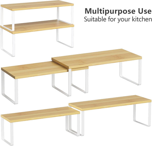 NEX Kitchen Cabinet and Counter Shelf Organizer, Stackable & Expandable, Set of 4, White and Natural, 7.7 x 15.6 x 6.2''