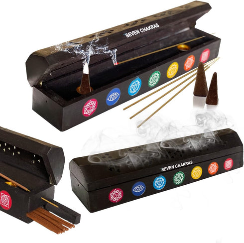 Chakra Incense Holder Burner Box, Storage for Sticks and Cones, Ash Catcher