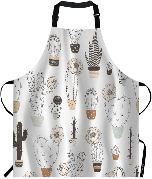 EKOBLA Cactus Aprons with Flower Pots Silhouettes, Waterproof Chef Cooking Kitchen BBQ Adjustable Aprons for Women Men
