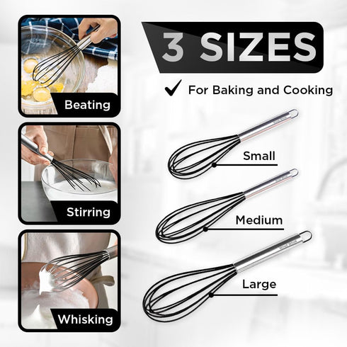 Silicone Whisk Set, 3 Pieces, Stainless Steel & Silicone Non-Stick Coating, 12-inch, 10-inch & 8.5-inch