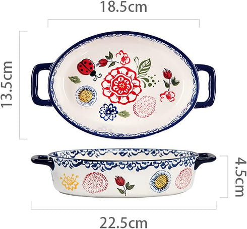 Vintage Style Flower and Butterfly Ladybug Pattern Bakeware Ceramic Casserole Dish Baking Pan Lasagna Pans Baking Dish with Handles for Oven to Table-1 PCS-A-Oval-Small by Bicuzat