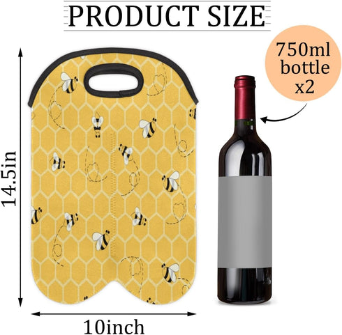 2 Bottle Wine Carrier Tote Bag Cute Bees Insulated Neoprene Portable Bottle Holder Great Gift for Wine Lover, Great for Picnics Travel BYOB, Outdoor Entertaining