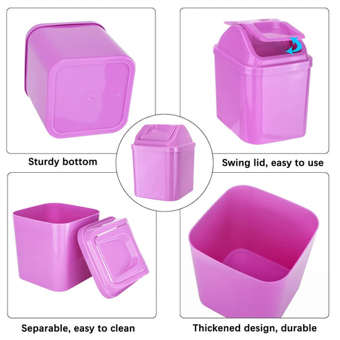 QLFJ-FurDec 2 4 Pcs Plastic Mini Wastebasket Trash Can with Swing Lid with Rolls of Trash Bags, Tiny Desktop Waste