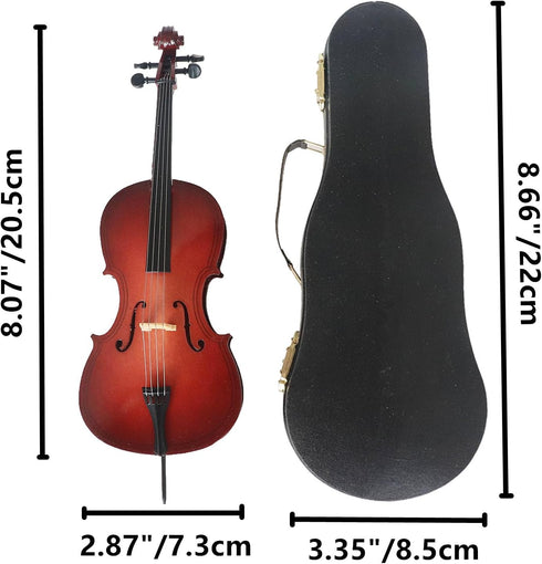 Dselvgvu (8.07"x2.87"x0.91") Wooden Miniature Cello with Stand, Bow and Case Mini Musical Instrument Cello Replica