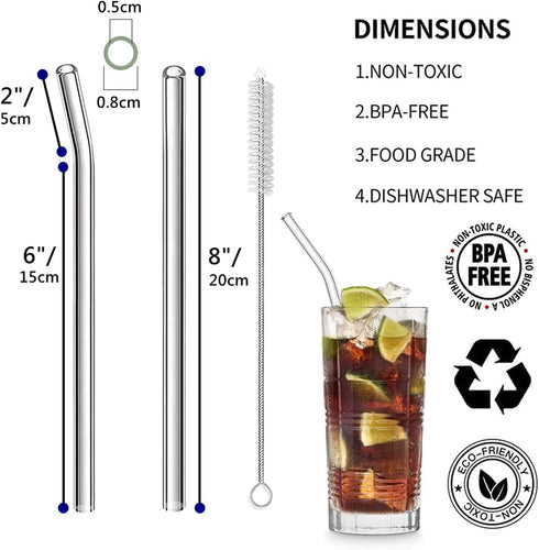8 Pcs Reusable Glass Straws - Eco-friendly 8"x8mm Drinking Straws for Smoothies, Milkshakes, Multi-Color Mixed