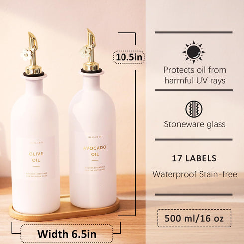 16oz Set, Set 2 (16oz HOMCDALY Olive Oil Dispenser for Kitchen, Glass Oil Bottles with Bamboo Tray, Gold Oil&Vinegar