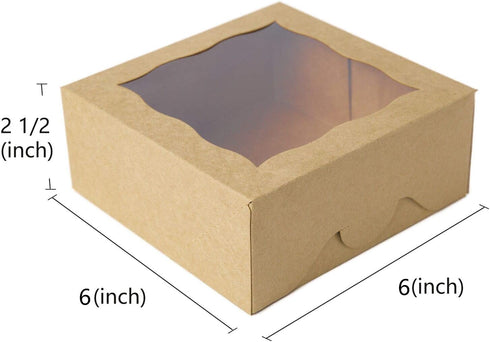 ONE MORE 6" Brown Bakery Boxes with PVC Window for Pie and Cookies, 12 Pack, Natural Kraft Paper