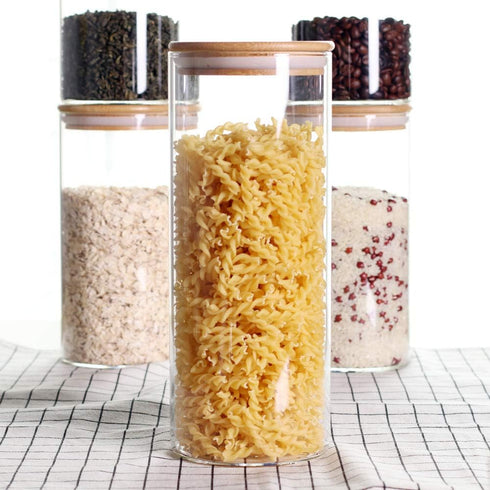 LEAVES AND TREES Y Stackable Kitchen Canisters Set, Pack of 5 Clear Glass Food Storage Jars with Bamboo Lid