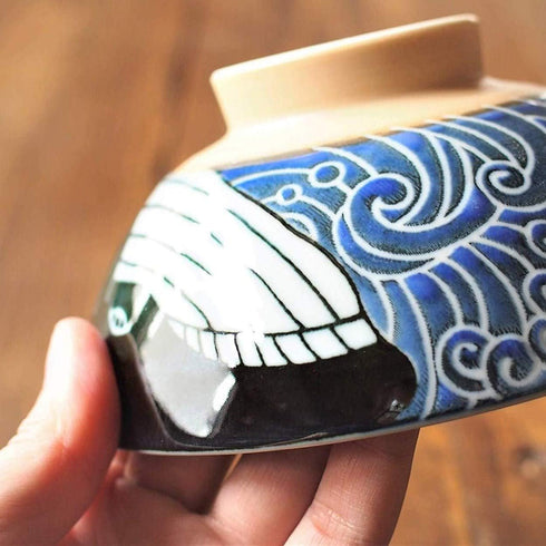 Minoru Touki White Wave Whale Blue Ceramic Rice Bowl, Small Set of 2 f4.4×H2.4in 11.29oz