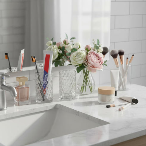 Tonxus Set, 11oz Set, Countertop Bathroom Toothbrush Holder Clear Glass Toothbrush Holder and Bathroom Tumbler Cup