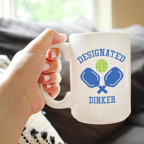 Funny Pickleball Coffee Mug Gifts for Women and Men - Designated Dinker - Large 15oz White Ceramic Mug
