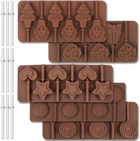 6 Cavity Silicone Lollipop Mold, Christmas Candy Mold, Round, Stars & Hearts, Bowknots, Smile Faces Shape, 5 PCS, 130