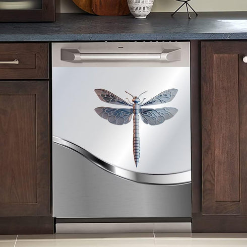 Dishwasher Magnet Cover Kitchen Decor, Silver Stainless Steel Dragonfly Pattern Vinyl Decal, 23 W x 26 H