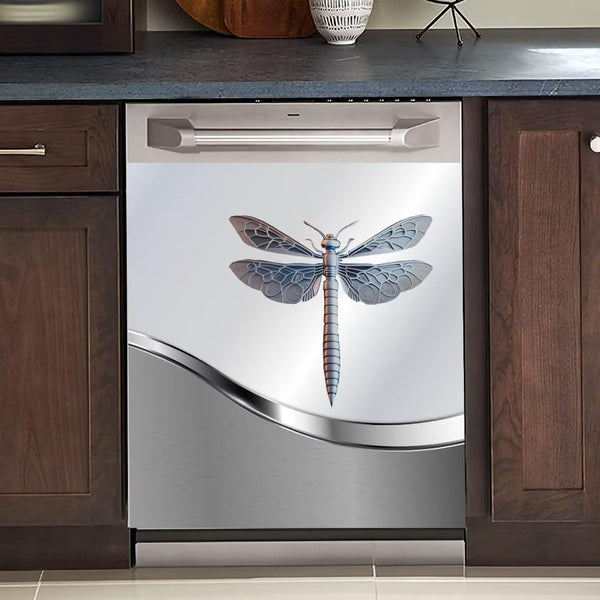 Dishwasher Magnet Cover Kitchen Decor, Silver Stainless Steel Dragonfly Pattern Vinyl Decal, 23 W x 26 H