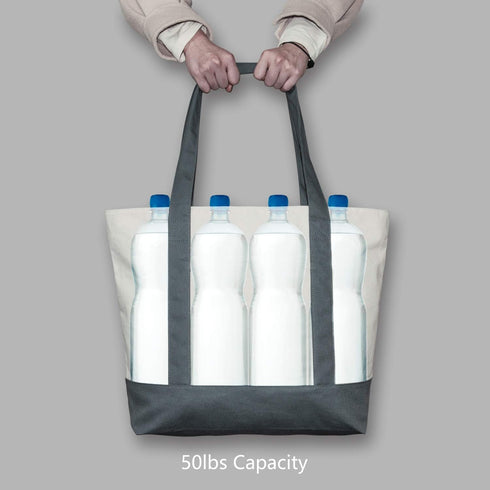 TOPDesign 1-Pack Canvas Tote Bag with External Pocket, Reusable Grocery Shopping Bag, Grey/Natural