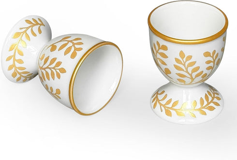 Set 2 Cinf Ceramic Egg Cup of Champagne Gold Porcelain Holder Breakfast Boiled Cooking Easy to Clean Childhood Memories