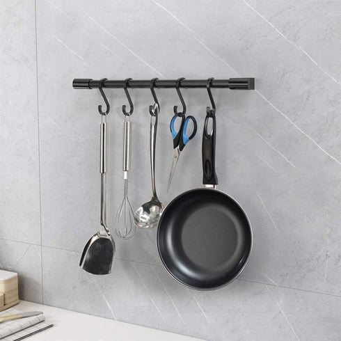 MIAOHUI Kitchen Rail with Hooks - Pot Hangers for Wall Mount, Utensil Rack with Removable S Hook, Aluminum, Black